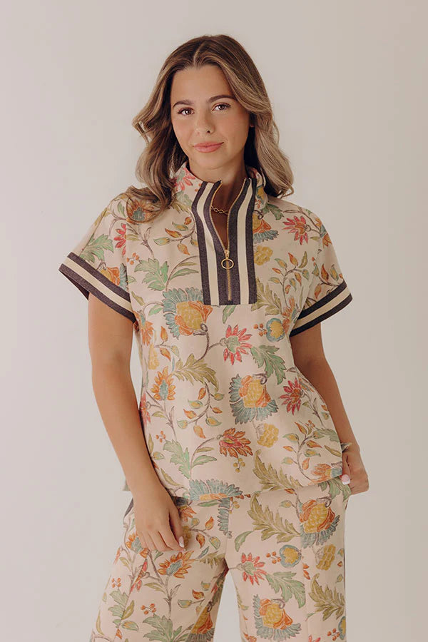 Botanical Club Floral Quarter Zip Top in Oatmeal