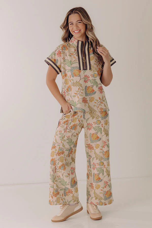 Botanical Club Floral Quarter Zip Top in Oatmeal
