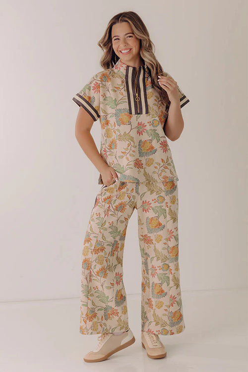 Botanical Club Floral Quarter Zip Top in Oatmeal