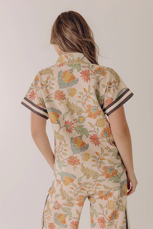 Botanical Club Floral Quarter Zip Top in Oatmeal