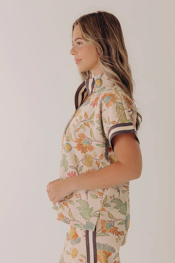 Botanical Club Floral Quarter Zip Top in Oatmeal