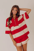 Simple Staple Quarter Zip Stripe Top in Red