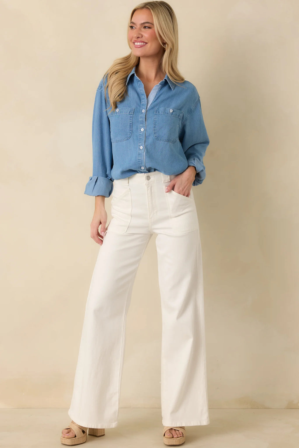 Laid Back Luxe Medium Wash Denim Button-Up Shirt